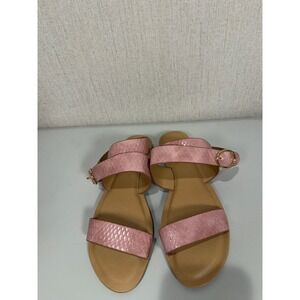 Loft Pink Snakeskin Embossed Ankle Strap Flat Sandals Gold Buckle Womens 8M